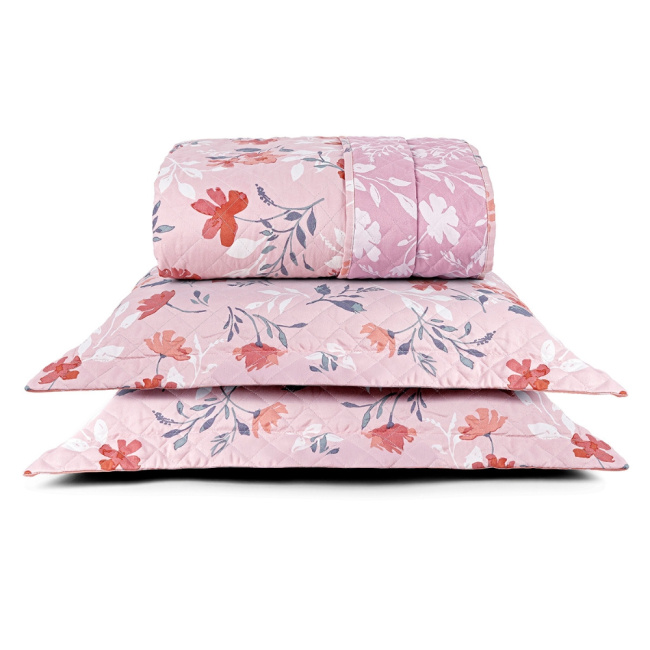 Kit Colcha Cobre Leito Queen 3 Peças 400 Fios Percal Matelassê Dupla Face Premier Estampado Floral Rosa