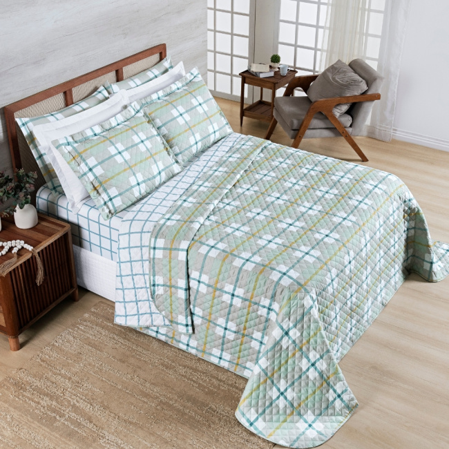 Kit Colcha Cobre Leito Queen 3 Peças 400 Fios Percal Matelassê Dupla Face Premier Estampado Grid Verde