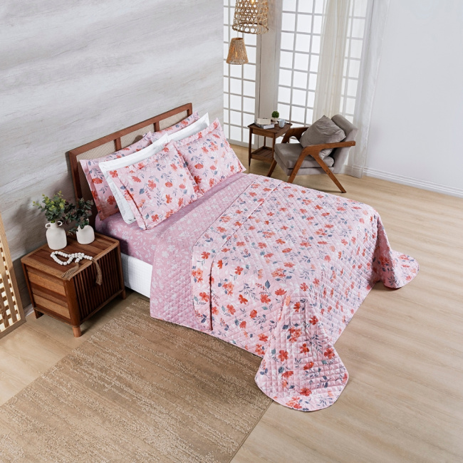 Kit Colcha Cobre Leito Queen 3 Peças 400 Fios Percal Matelassê Dupla Face Premier Estampado Floral Rosa