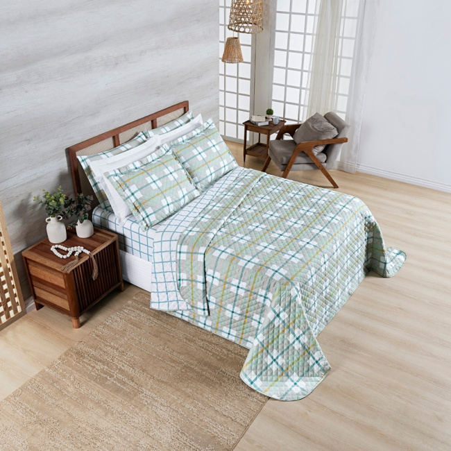 Kit Colcha Cobre Leito Queen 3 Peças 400 Fios Percal Matelassê Dupla Face Premier Estampado Grid Verde