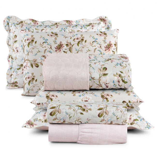 Kit Coordenado Queen 7 Peças (Cobre Leito + Jogo Lençol) Attuale Floral Branco