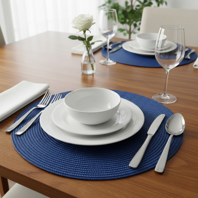 Kit Jogo Americano 6 Peças Redondo Sousplat Mesa Posta Azul