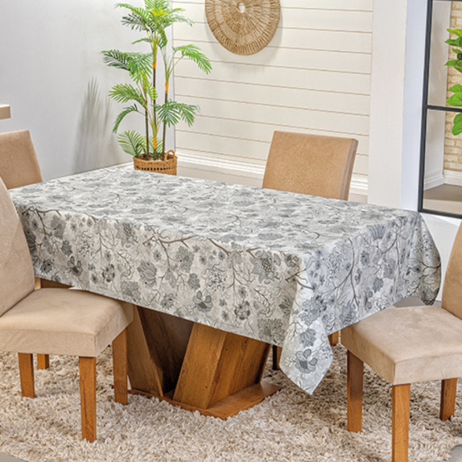 Toalha de Mesa 4 Lugares Bela 1,35m x 1,45m Estampada Floral Grafite