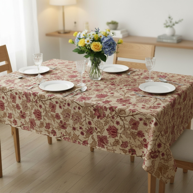 Toalha de Mesa Impermeável 10 Lugares 3,00m x 1,35m Bela Estampada Floral Rubi