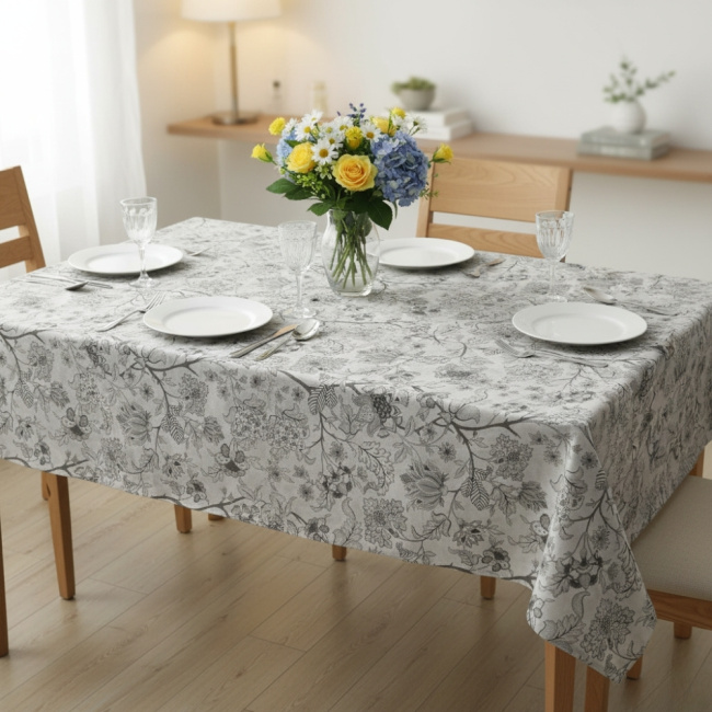 Toalha de Mesa Impermeável 6 Lugares 2,00m x 1,35m Bela Estampada Floral Grafite