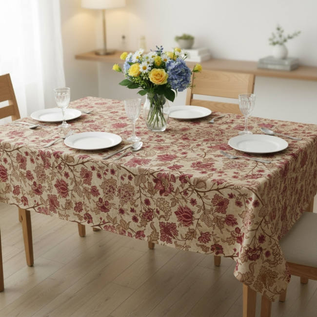 Toalha de Mesa Impermeável 6 Lugares 2,00m x 1,35m Bela Estampada Floral Rubi
