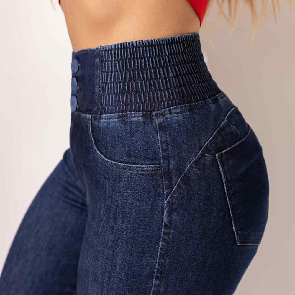 Calça Jeans Feminina Detalhes Transado Cós Alto Jeans Premium Modeladora
