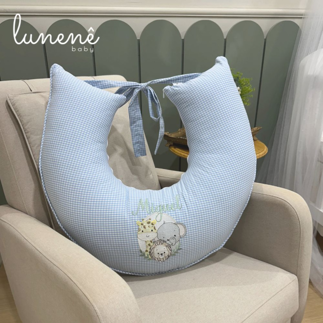 Almofada de Amamentação Personalizada Bichinhos Xadrez Azul 200 Fios 4514