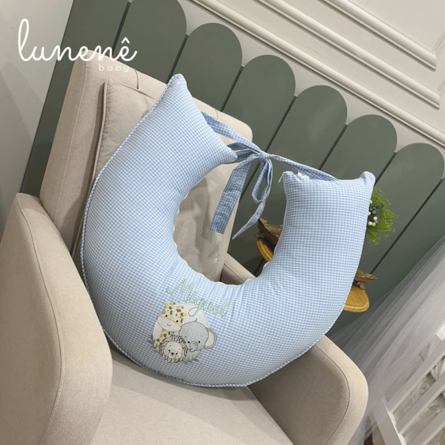 Almofada de Amamentação Personalizada Bichinhos Xadrez Azul 200 Fios 4514