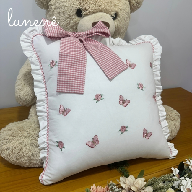 Almofada Decorativa Borboletas Xadrez Rosa 4695