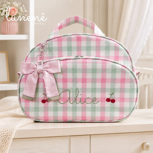 Bolsa Maternidade Personalizada Tecido Xadrez Rosa 4639