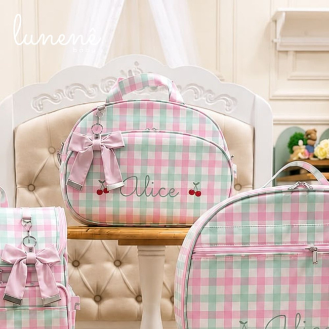 Bolsa Maternidade Personalizada Tecido Xadrez Rosa 4639