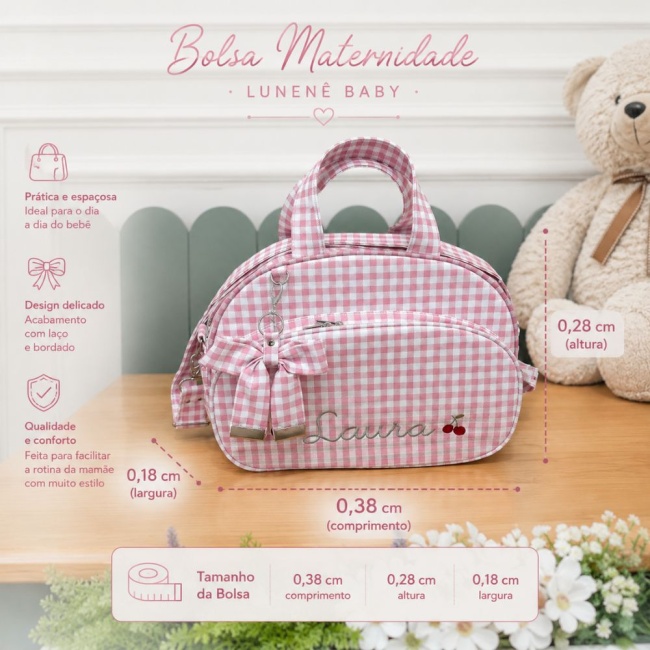 Bolsa Maternidade Personalizada Tecido Xadrez Rosa 4612