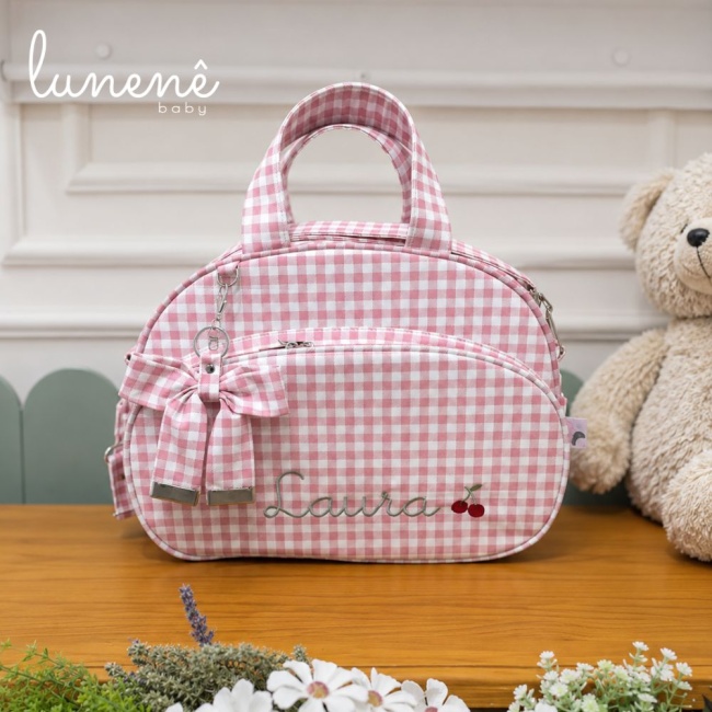 Bolsa Maternidade Personalizada Tecido Xadrez Rosa 4612