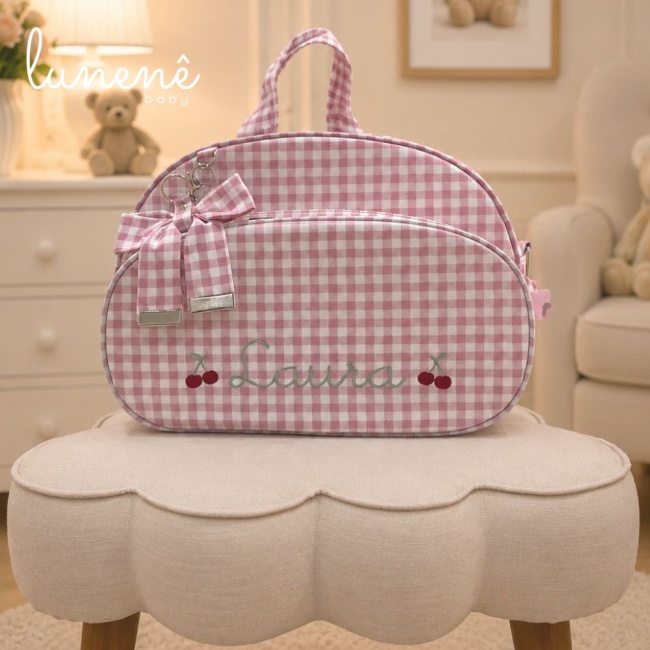 Bolsa Maternidade Personalizada Tecido Xadrez Rosa 4612