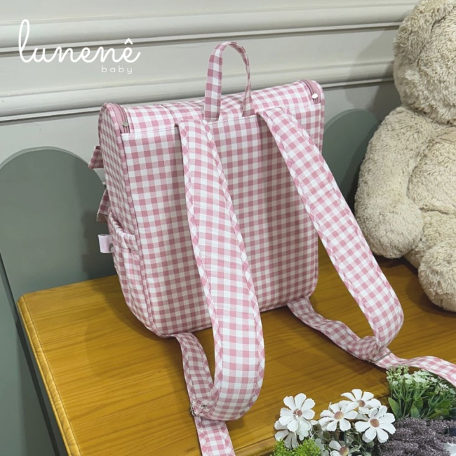 Bolsa Mochila Personalizada Tecido Xadrez Rosa 4612
