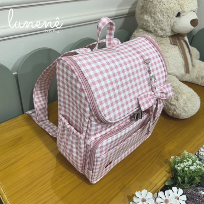Bolsa Mochila Personalizada Tecido Xadrez Rosa 4612