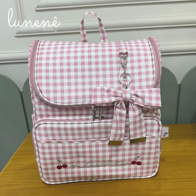 Bolsa Mochila Personalizada Tecido Xadrez Rosa 4612