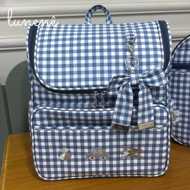 Bolsa Mochila Tecido Xadrez Azul 4635
