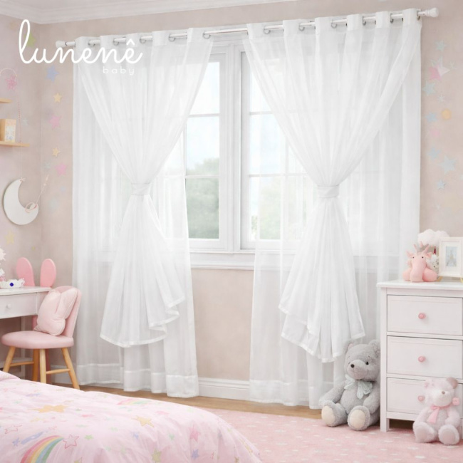 Cortina Ilhos Branca Basic Baby 04 Peças 2,00m largura x  2,45m altura