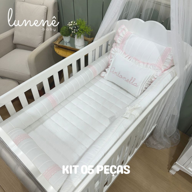 Enxoval de Berço Personalizado 05 Peças Lunenê Baby Castelli Rosa 400 Fios 4583