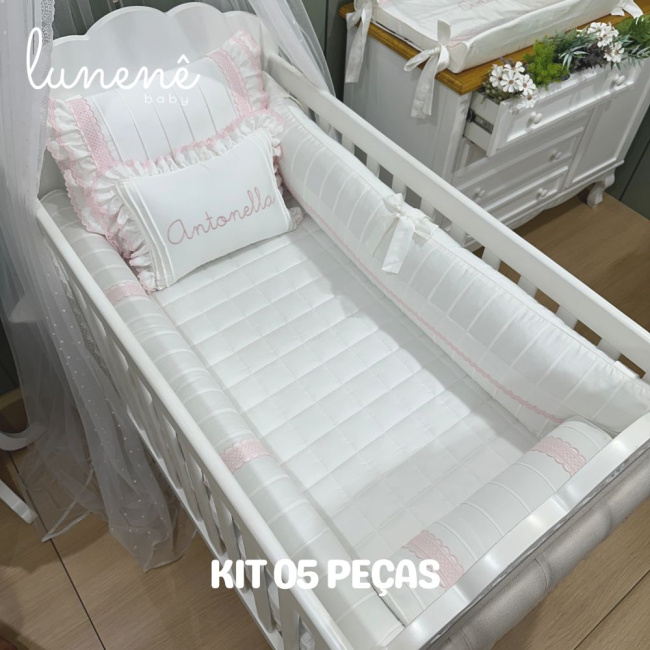Enxoval de Berço Personalizado 05 Peças Lunenê Baby Castelli Rosa 400 Fios 4583