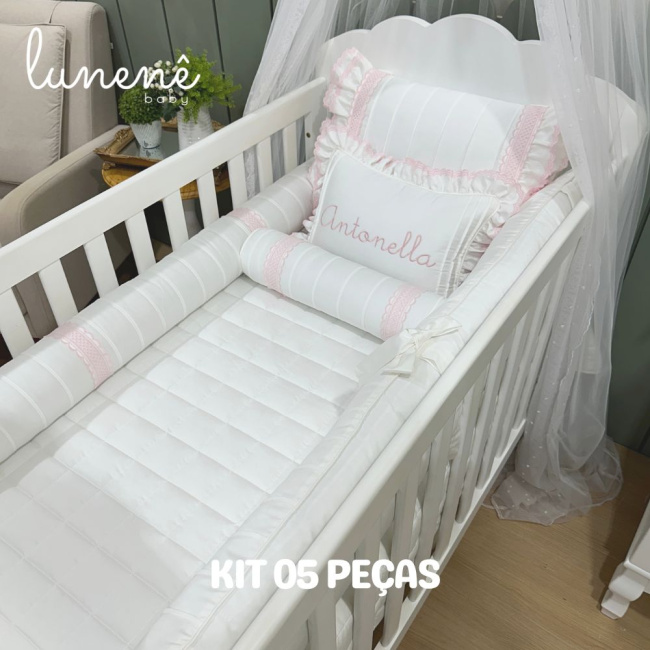 Enxoval de Berço Personalizado 05 Peças Lunenê Baby Castelli Rosa 400 Fios 4583