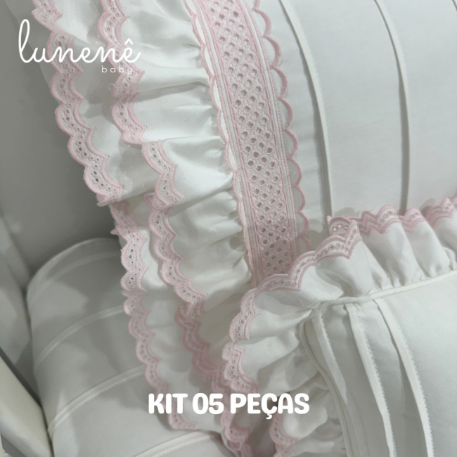 Enxoval de Berço Personalizado 05 Peças Lunenê Baby Castelli Rosa 400 Fios 4583