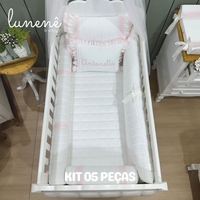 Enxoval de Berço Personalizado 05 Peças Lunenê Baby Castelli Rosa 400 Fios 4583