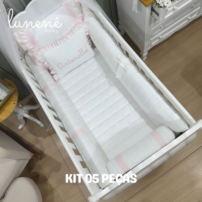 Enxoval de Berço Personalizado 05 Peças Lunenê Baby Castelli Rosa 400 Fios 4583