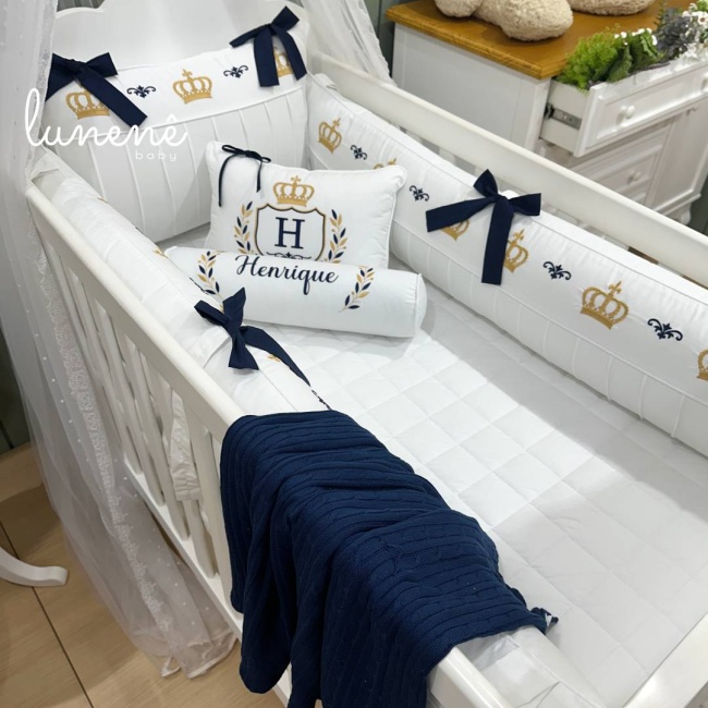 Enxoval de Berço 05 Peças Personalizado Coroinha Marinho 160 Fios 4633