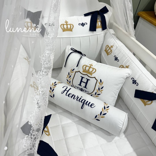 Enxoval de Berço 05 Peças Personalizado Coroinha Marinho 160 Fios 4633