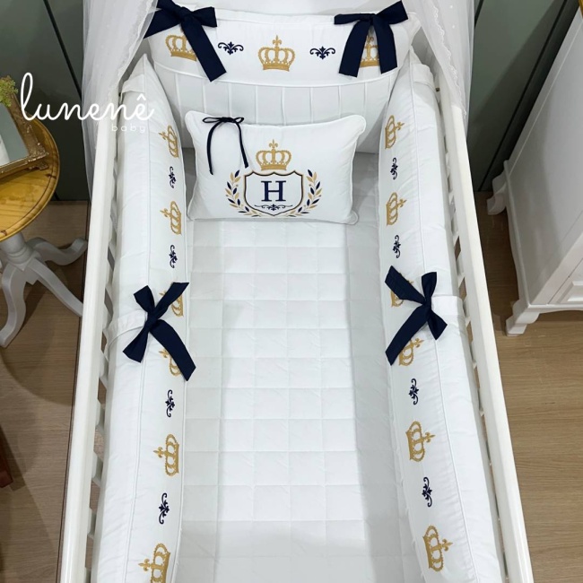 Enxoval de Berço 05 Peças Personalizado Coroinha Marinho 160 Fios 4633