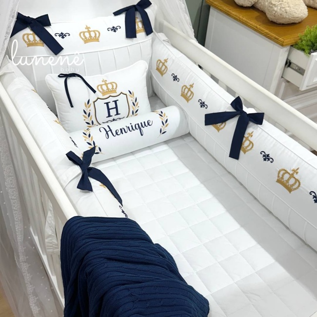 Enxoval de Berço 05 Peças Personalizado Coroinha Marinho 160 Fios 4633