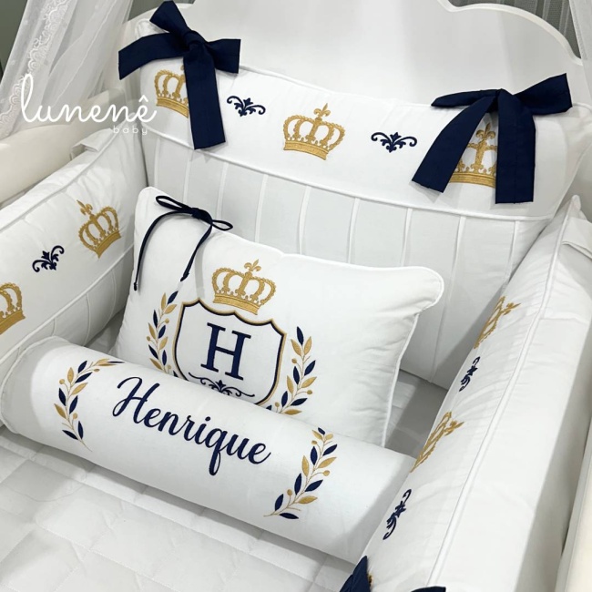 Enxoval de Berço 05 Peças Personalizado Coroinha Marinho 160 Fios 4633