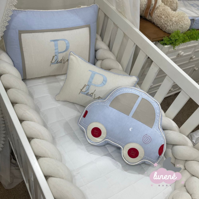 Kit Berço 100% Algodão 200 Fios Personalizado 07 Peças Benício Baby Carrinho com Trança Única