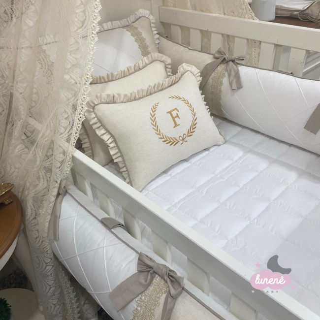 Kit Berço 100% Algodão 200 Fios Personalizado 08 Peças Leonardo Baby Branco Linho e Fendi