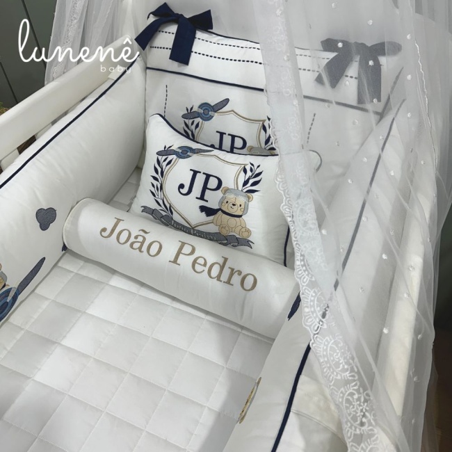 Kit Berço 100% Algodão 400 Fios Personalizado 08 Peças com nome João Pedro 4577