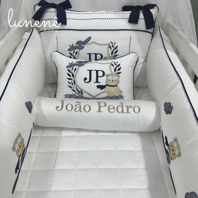 Kit Berço 100% Algodão 400 Fios Personalizado 08 Peças com nome João Pedro 4577