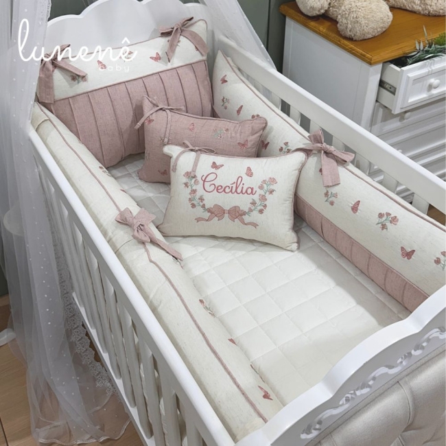 Enxoval de Berço Personalizado 08 Peças Linho Baby Rose 200 Fios 4581