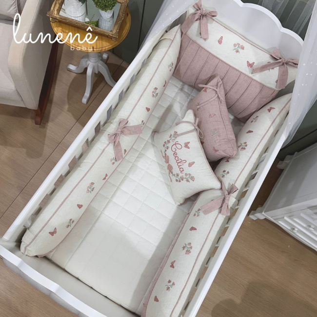 Enxoval de Berço Personalizado 08 Peças Linho Baby Rose 200 Fios 4581