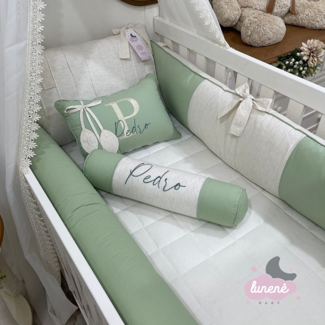 Enxoval de Berço Personalizado 08 Peças Lunenê Baby Linho e Verde 9031