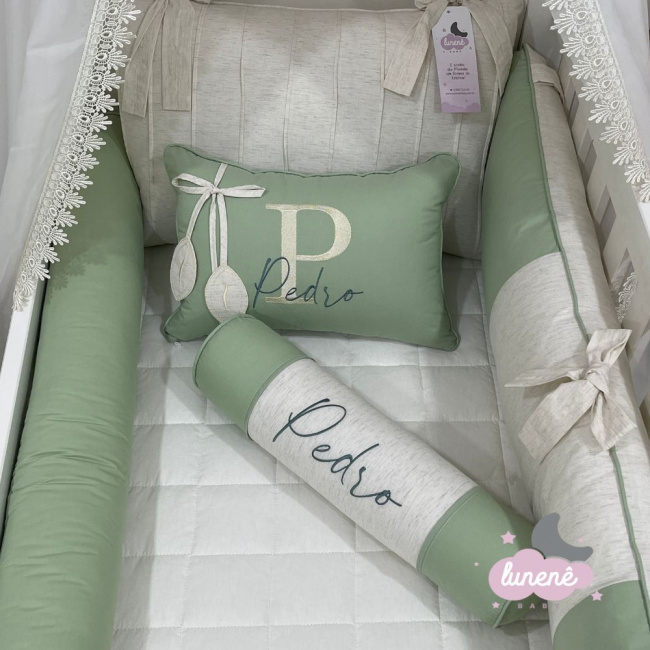 Enxoval de Berço Personalizado 08 Peças Lunenê Baby Linho e Verde 9031