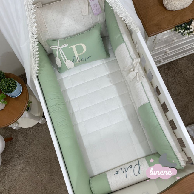 Enxoval de Berço Personalizado 08 Peças Lunenê Baby Linho e Verde 9031