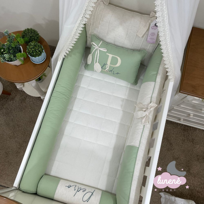 Enxoval de Berço Personalizado 08 Peças Lunenê Baby Linho e Verde 9031