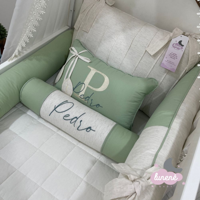 Enxoval de Berço Personalizado 08 Peças Lunenê Baby Linho e Verde 9031