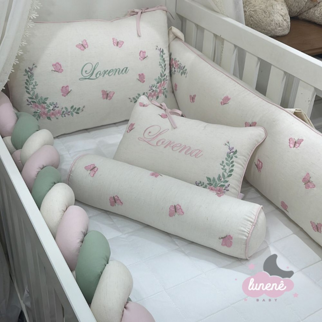 Enxoval de Berço Personalizado 08 Peças Lorena Baby Linho e Rose 200 Fios