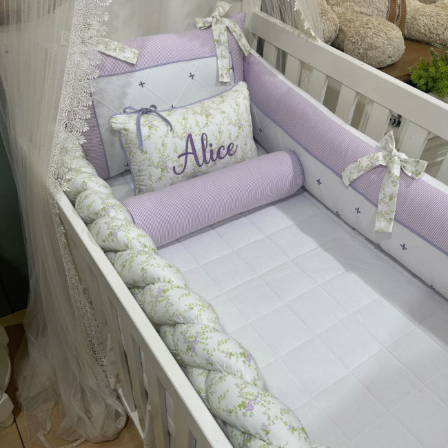 Enxoval de Berço 08 Peças Lunenê Baby Lilás Floral 200 Fios 9094