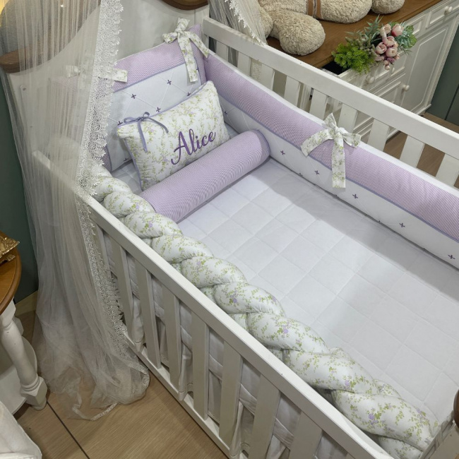 Enxoval de Berço 08 Peças Lunenê Baby Lilás Floral 200 Fios 9094