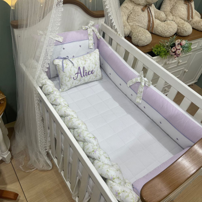 Enxoval de Berço 08 Peças Lunenê Baby Lilás Floral 200 Fios 9094